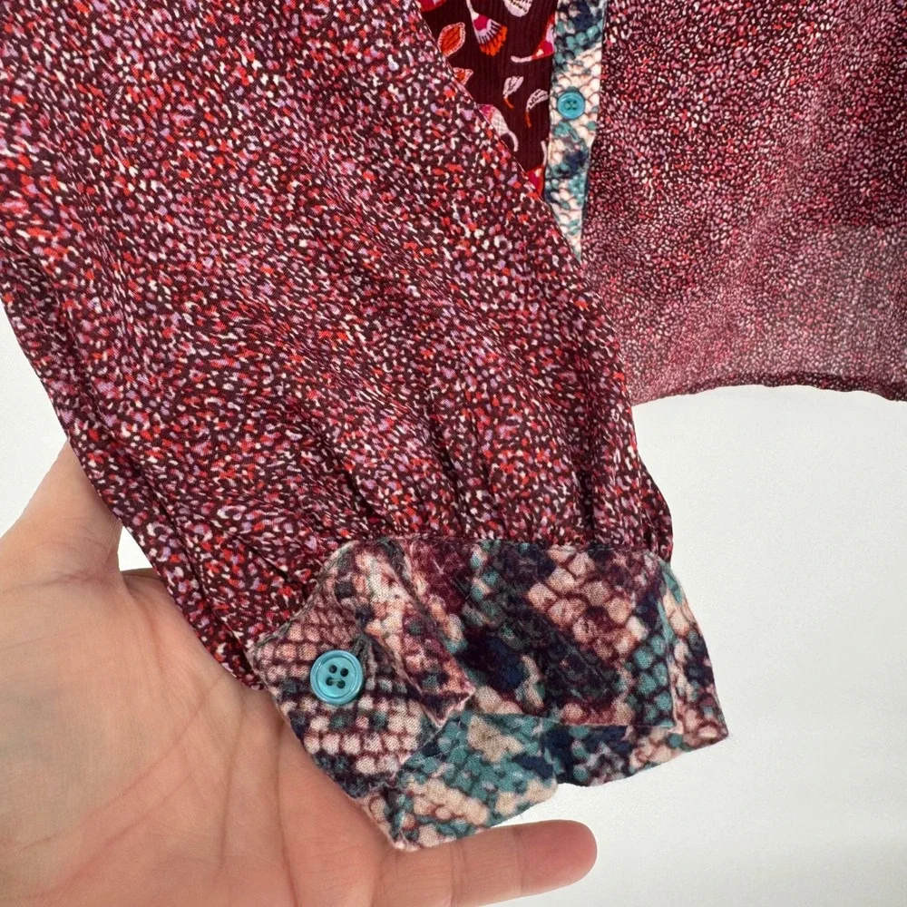 DEAR‎ JOHN Womens Multicolor Patchwork Snake Print Floral Button Up Shirt Size L